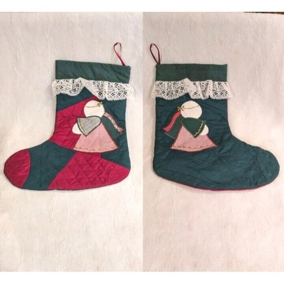 2 Angels Christmas Stocking Quilted Applique Folk Art Primitive Lace Naive Pair - Picture 1 of 16